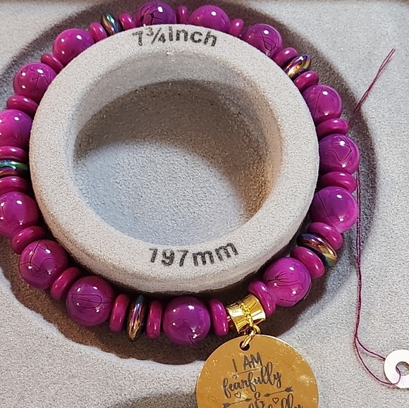 Hand Crafted Charm Stretch Bracelet Purple Gold Engraved Charm Inspirational - Picture 3 of 7